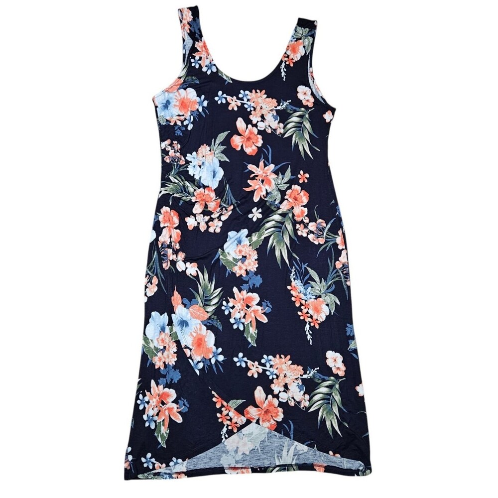 Harlow & Rose Dress XL Pullover Faux Wrap Blue Tropical Floral Knit Dress Beach